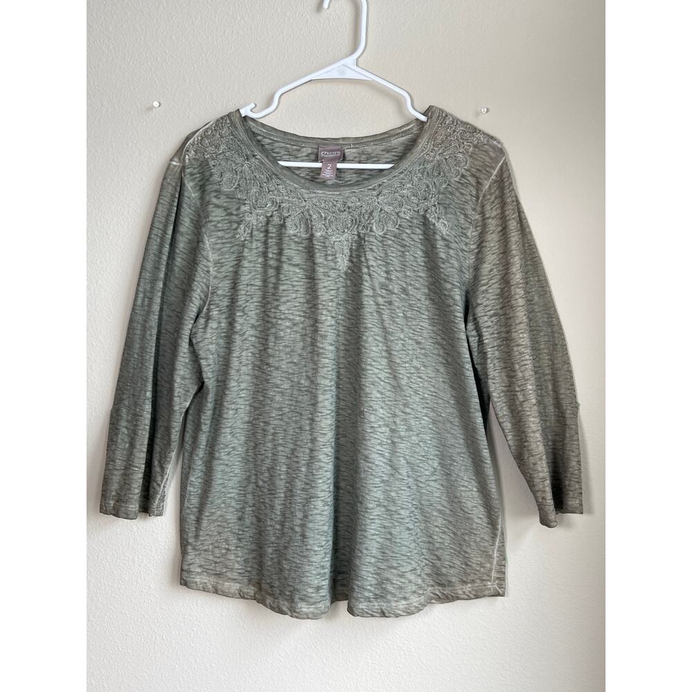 Chico's Sage Green Embroidered Slub Knit Top - 3/4 Sleeve, Size 2 (Large)